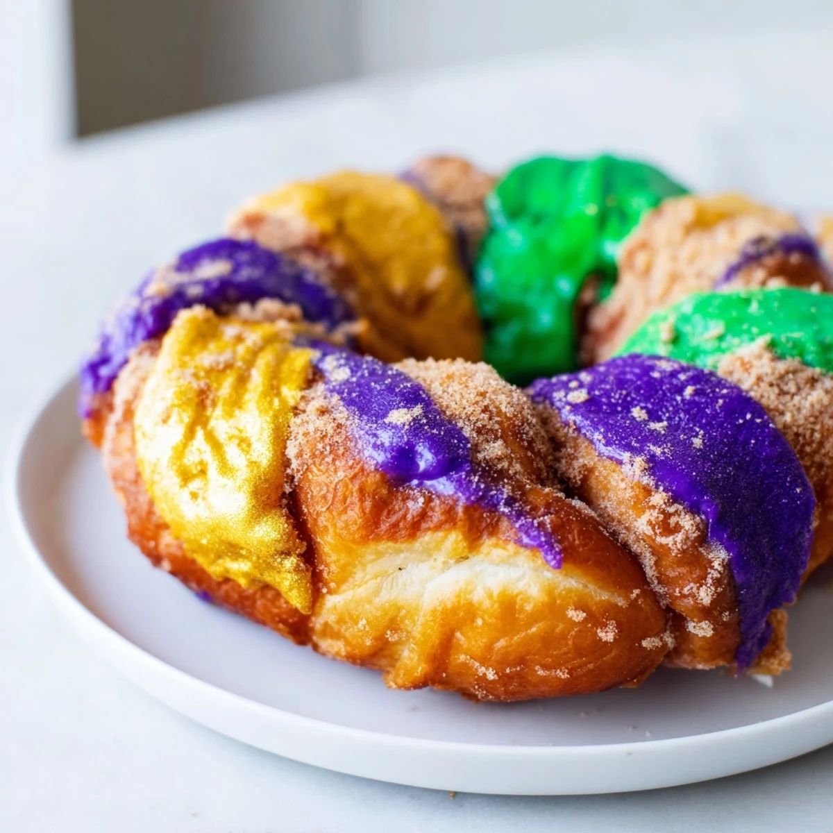 Stack of fluffy Mardi Gras King Cake Donuts dusted with cinnamon sugar and bright Mardi Gras colored glazes.