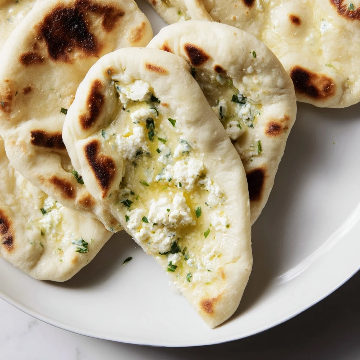 Freshly cooked Cottage Cheese Garlic Naan brushed with garlic butter on a skillet.