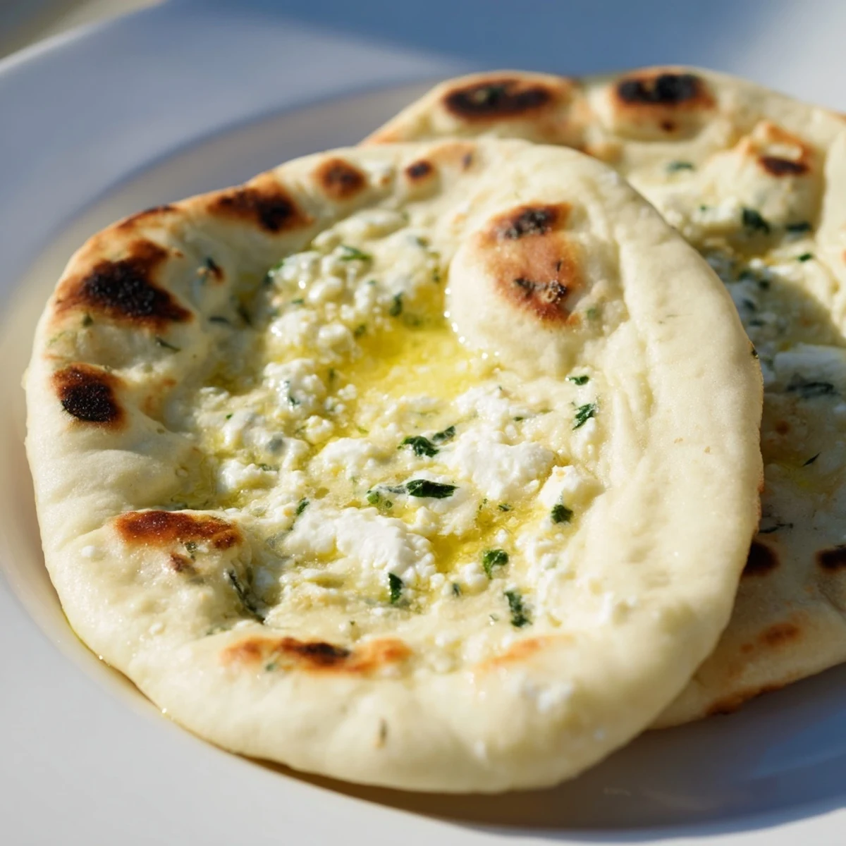 Warm Cottage Cheese Garlic Naan with green chili and cilantro next to curry.