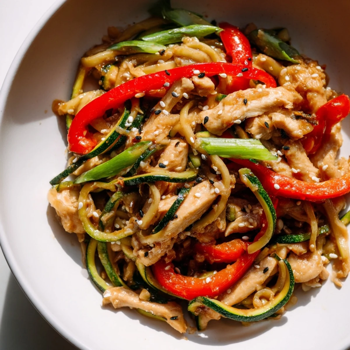 Tender chicken and crisp zucchini noodles in a garlic sauce make this Garlic Chicken Zucchini Noodles Stir Fry a vibrant, low-carb dinner.