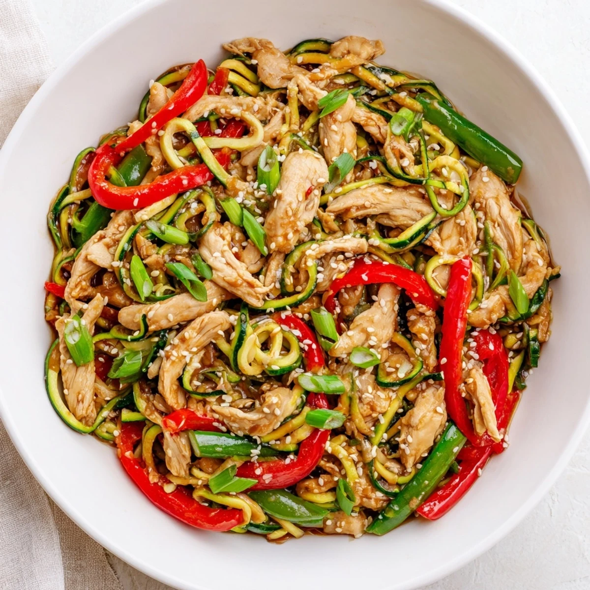 A close-up view of the Garlic Chicken Zucchini Noodles Stir Fry, garnished with sesame seeds and green onions, served hot in a bowl.
