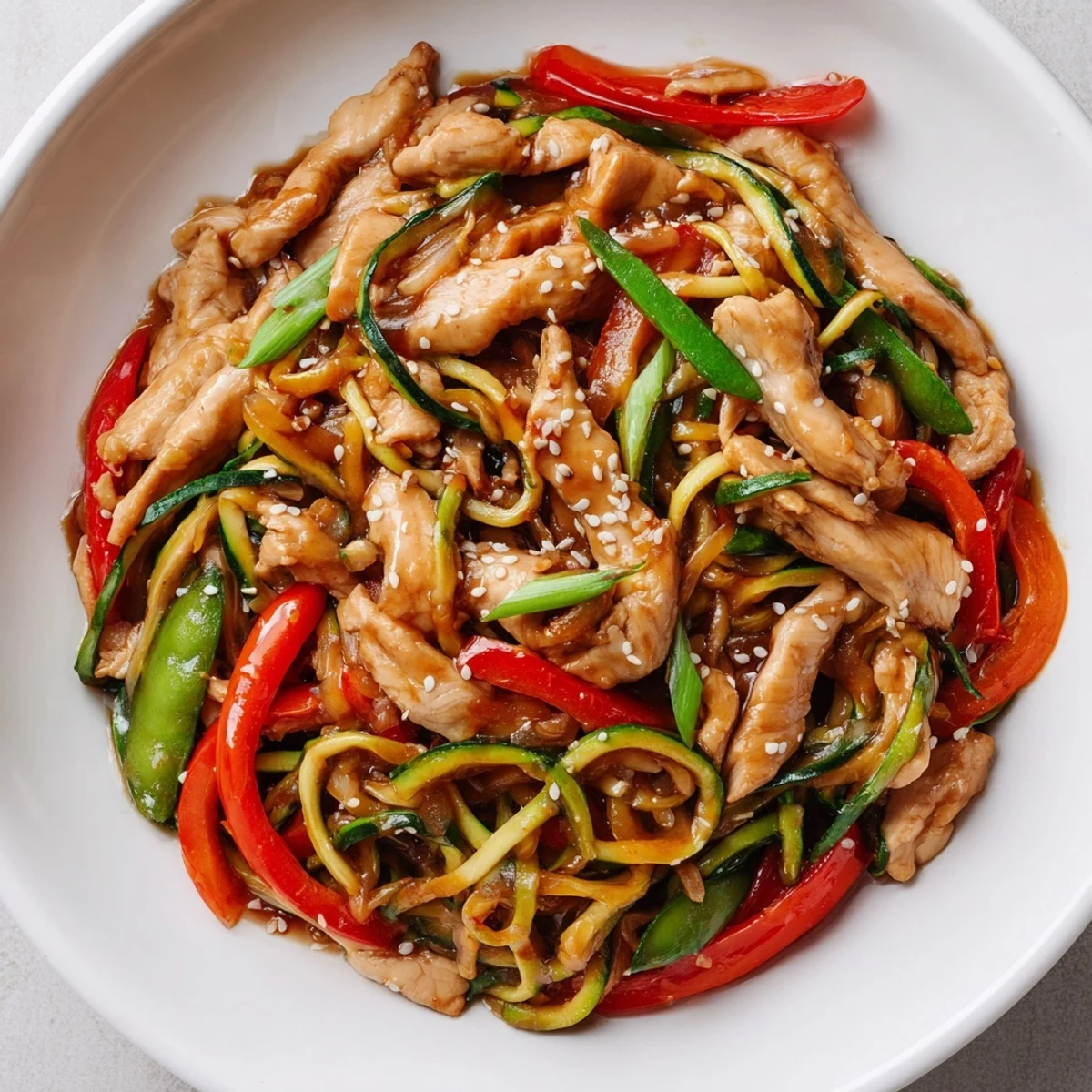Quickly prepared Garlic Chicken Zucchini Noodles Stir Fry with colorful bell peppers and snap peas, perfect for a healthy weeknight meal.