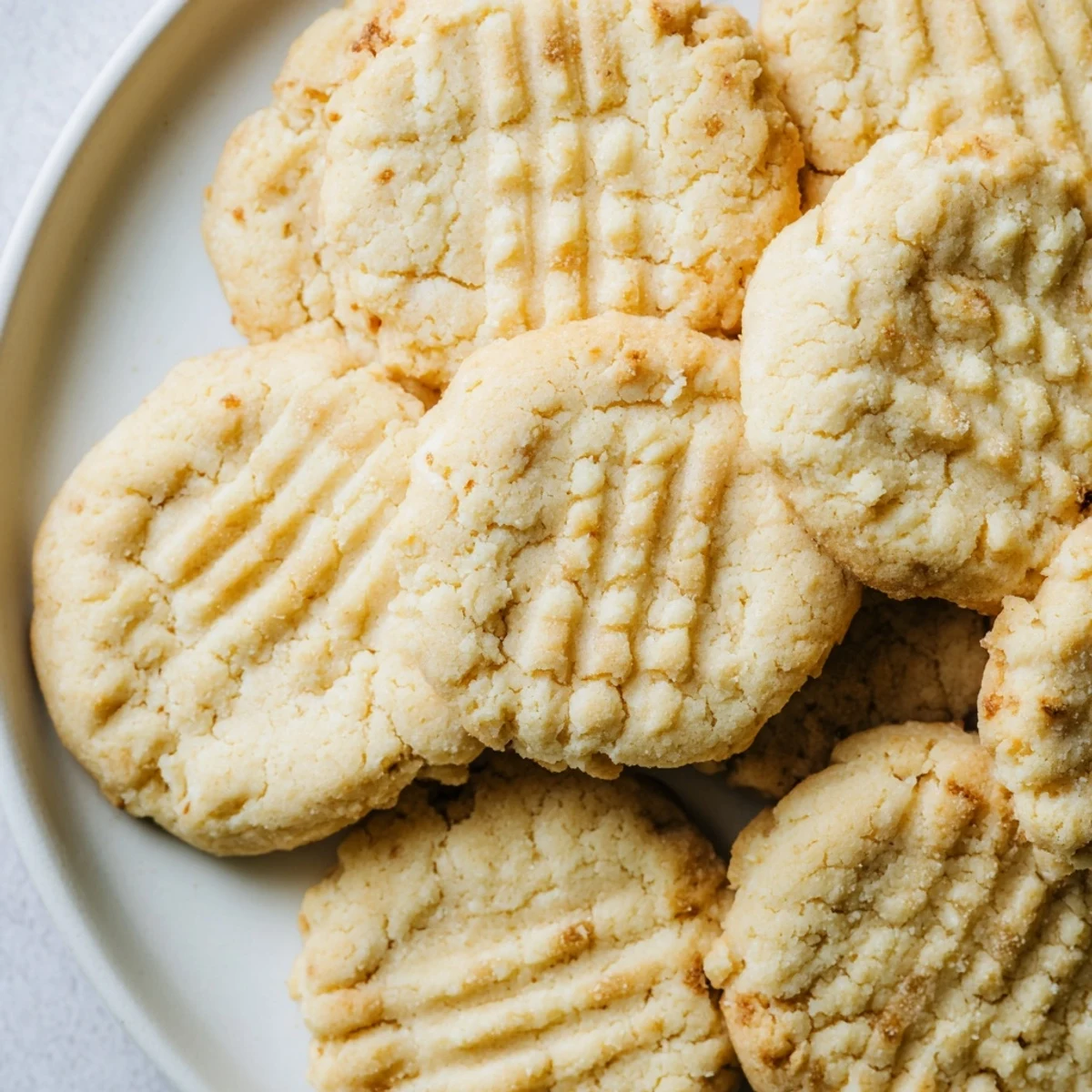 Golden-brown keto butter cookies with a crisscross pattern rest on a baking sheet, showcasing their tender, melt-in-your-mouth texture.