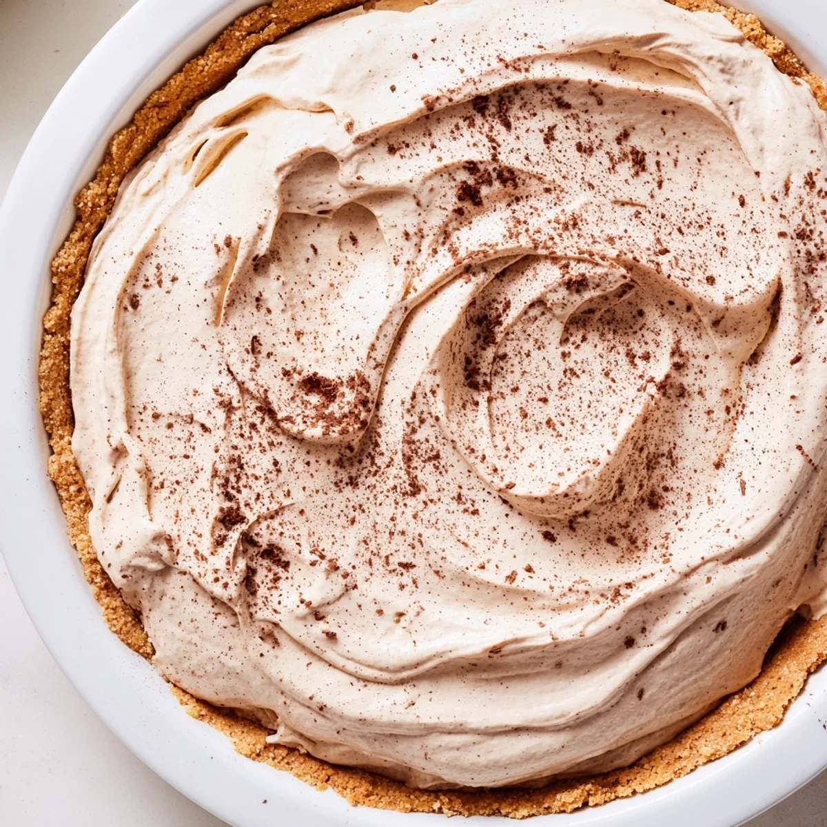 A slice of keto cold brew coffee pie reveals a smooth, coffee-infused filling and a delicate crumbly almond crust on a white plate.