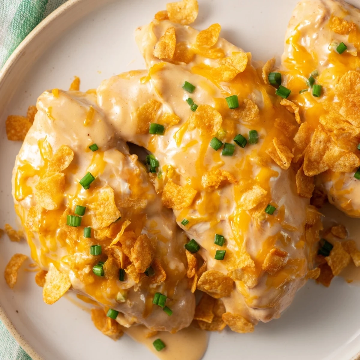 Juicy chicken breasts in a creamy sour cream and onion sauce, garnished with fresh green onions on a plate.