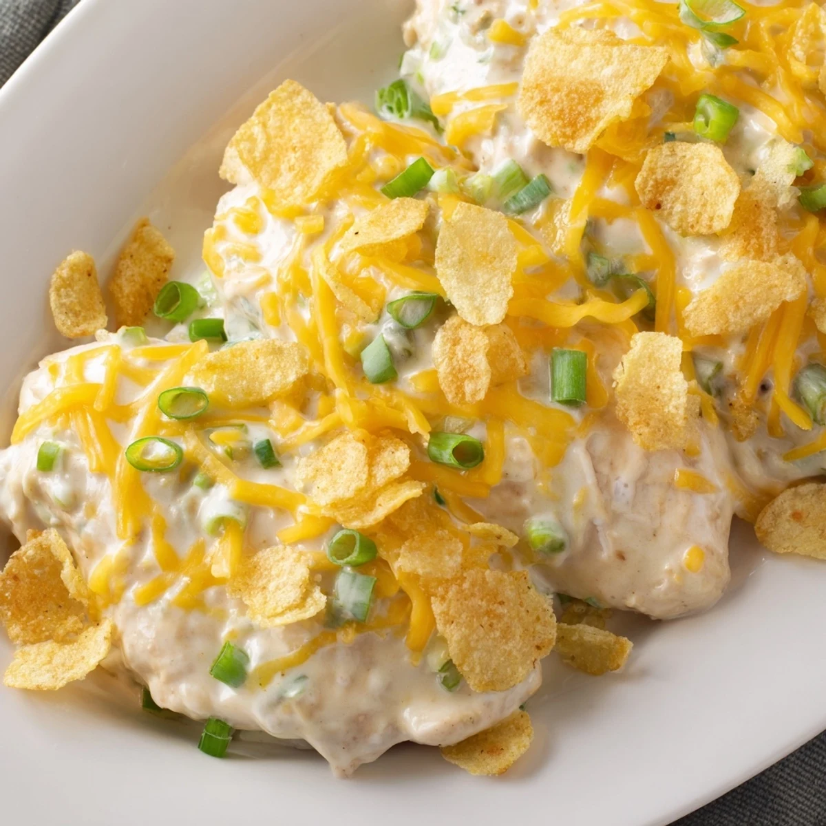 A close up of baked Sour Cream and Onion Chicken, melted cheddar cheese and crunchy topping bubbling in the dish.