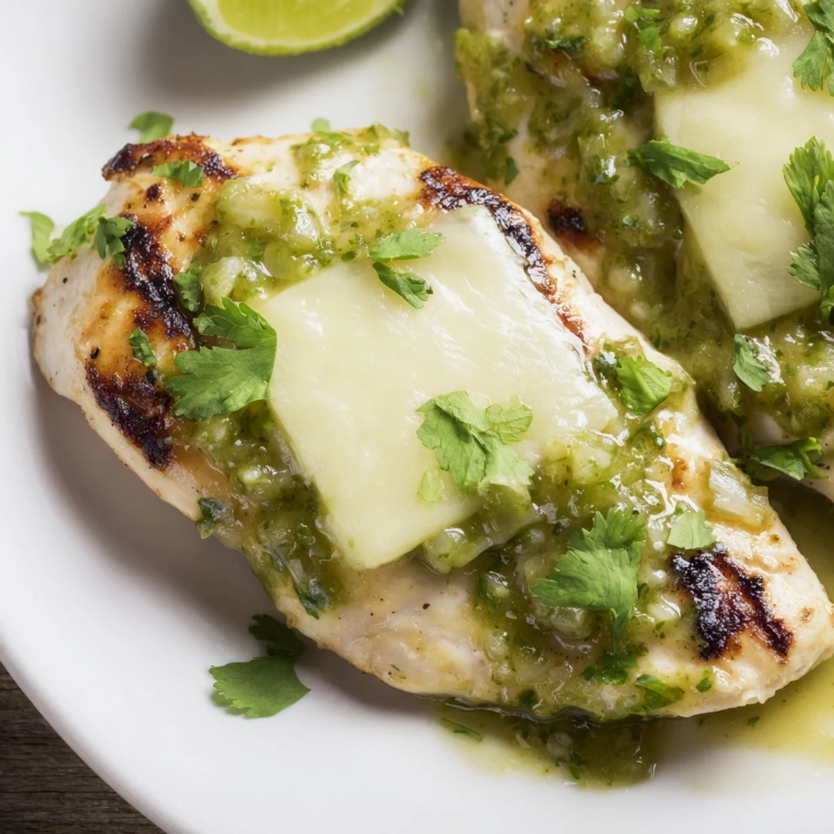 Grilled Salsa Verde Pepper Jack Chicken with melted cheese and zesty salsa verde on a summer dinner plate.