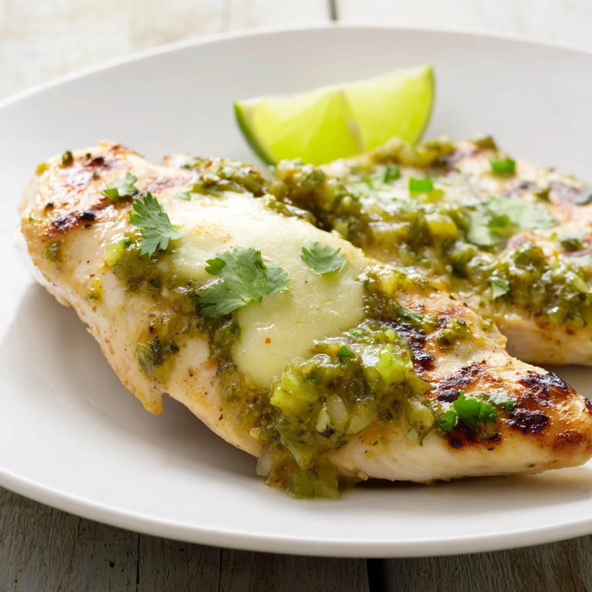 Sizzling Grilled Salsa Verde Pepper Jack Chicken fresh off the grill, topped with fresh cilantro and lime wedges.