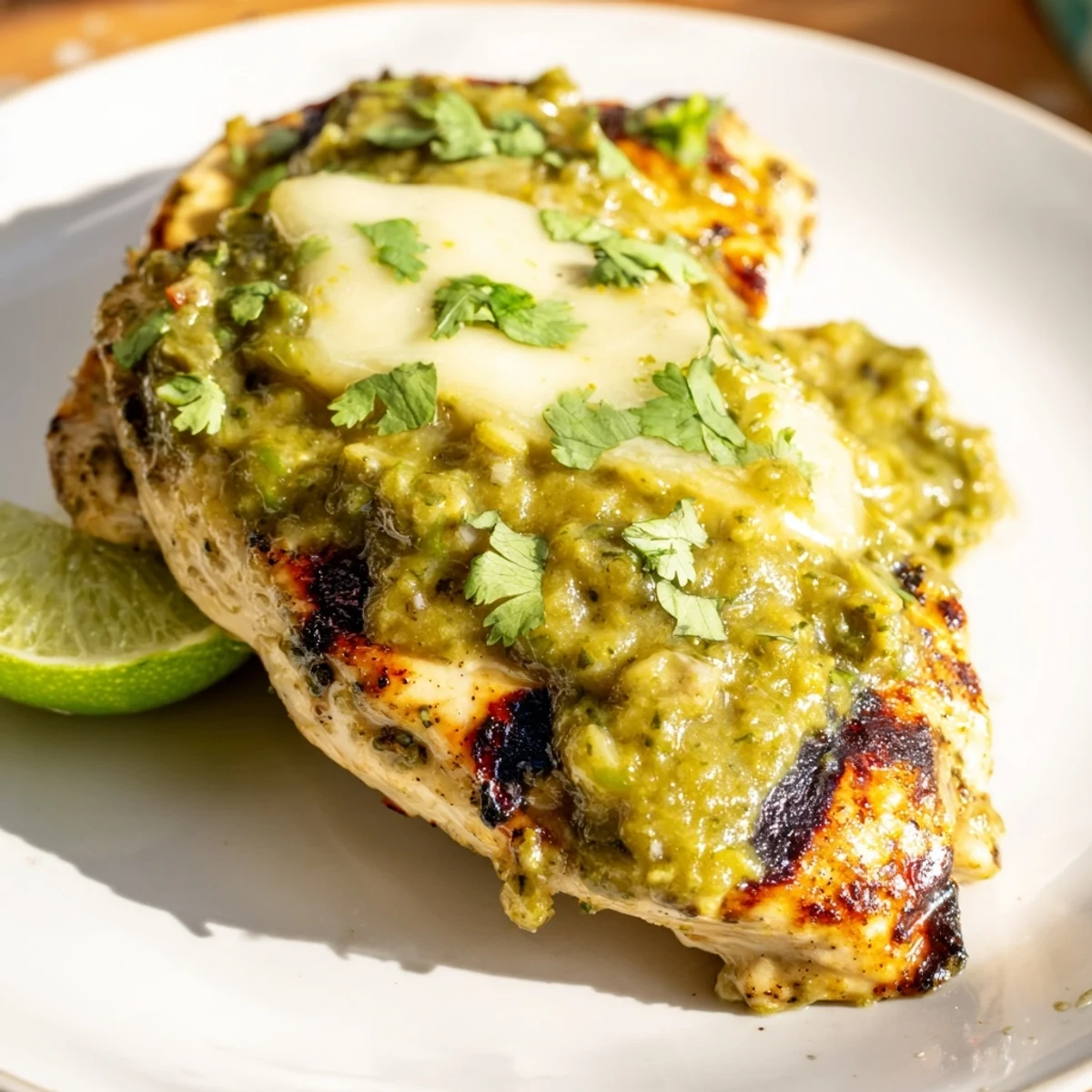 Close-up of Grilled Salsa Verde Pepper Jack Chicken featuring juicy sliced breasts and melted pepper jack cheese.