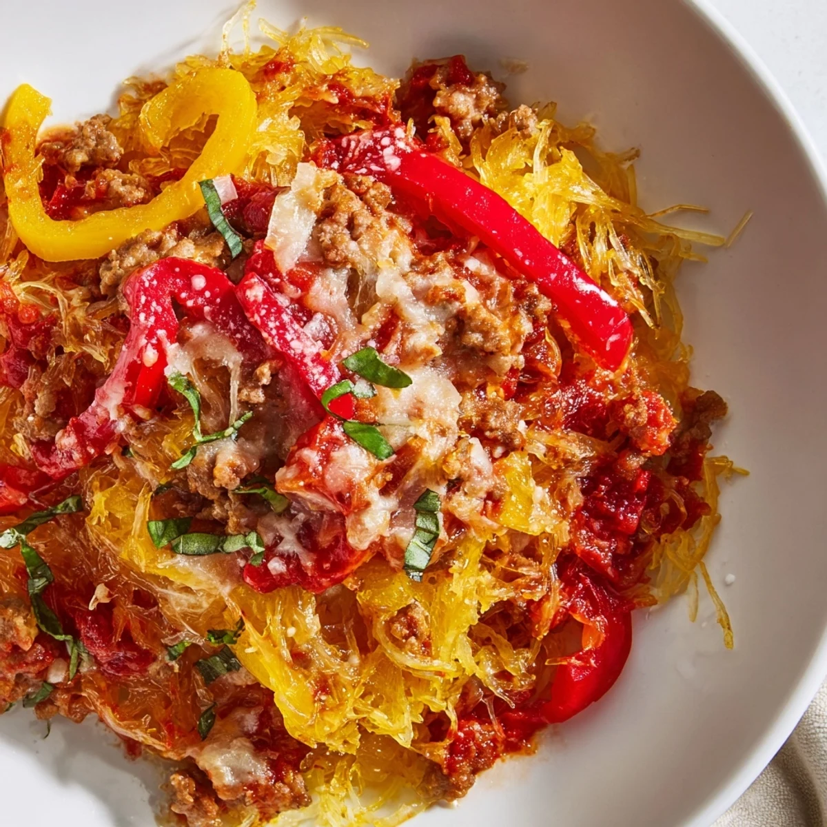 Baked Sausage and Peppers Spaghetti Squash Casserole topped with melted mozzarella and fresh basil leaves on a white dish.