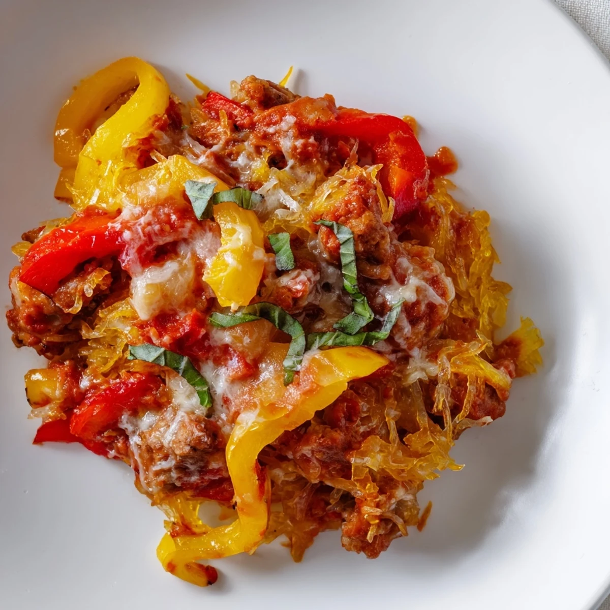 Roasted spaghetti squash strands mixed with savory Italian sausage and colorful bell peppers in tomato sauce for a bubbling casserole.