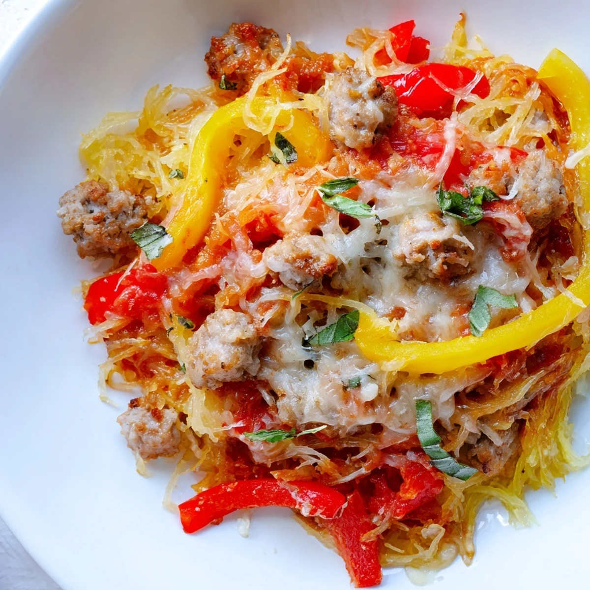 Hearty low-carb Sausage and Peppers Spaghetti Squash Casserole served family-style with golden cheese crust and vibrant pepper pieces throughout.
