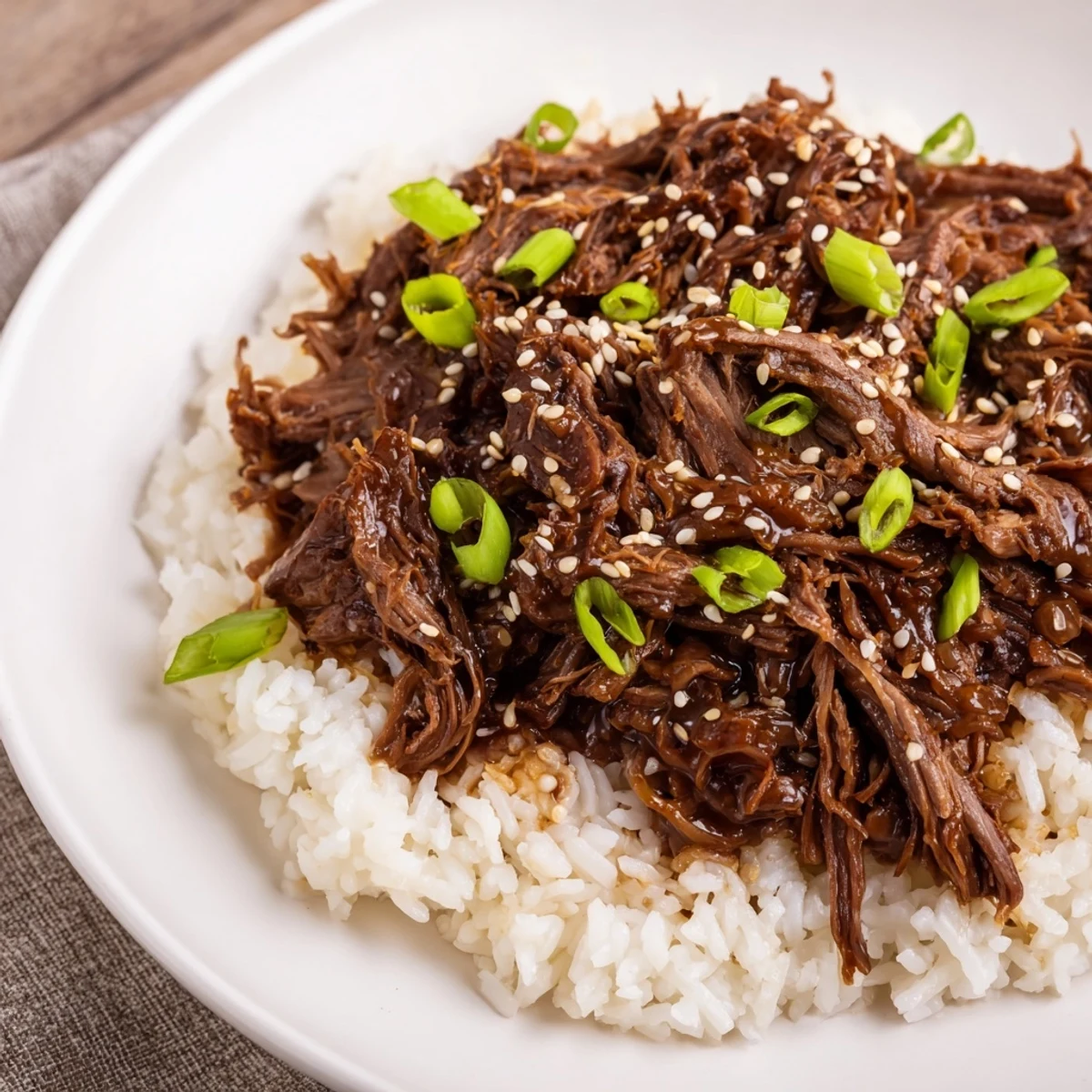 Steaming Korean beef from the slow cooker, garnished with sliced green onions and sesame seeds, ideal for lettuce wraps on a plate.