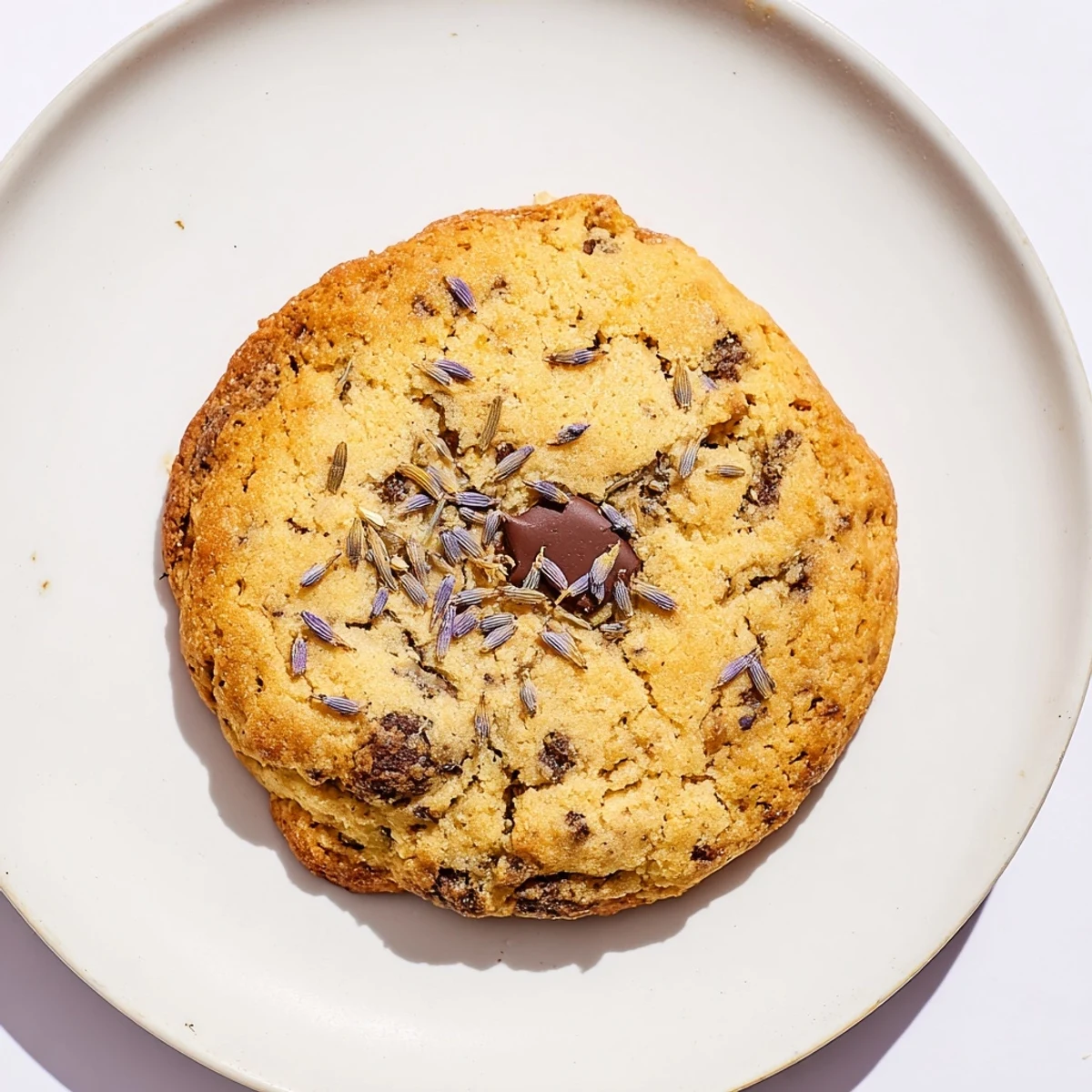 A close-up of lavender chocolate chip cookies reveals visible dried lavender flecks and a chewy center on a rustic baking sheet.