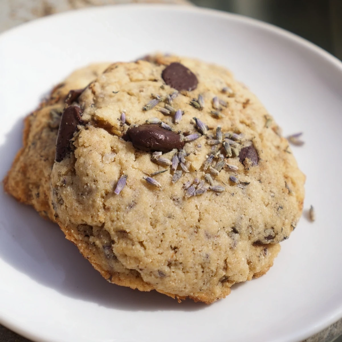 Golden-brown lavender chocolate chip cookies rest on a wire cooling rack, showcasing melty semisweet chocolate pools and a delicate crumb.