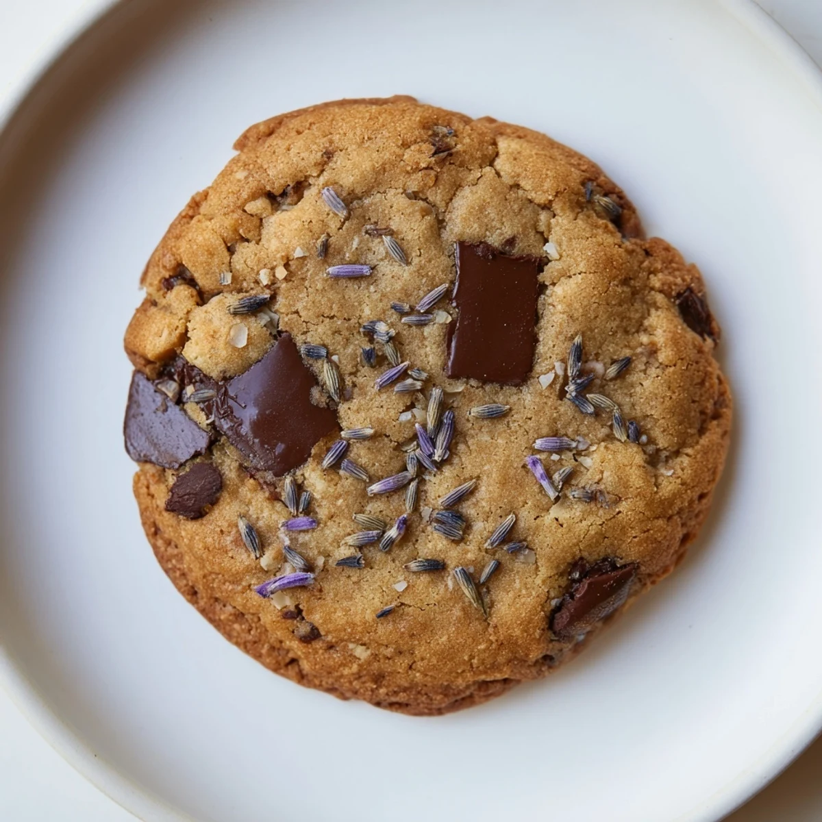 Freshly baked lavender chocolate chip cookies are stacked on a plate, ready to be enjoyed with a steaming cup of Earl Grey tea.