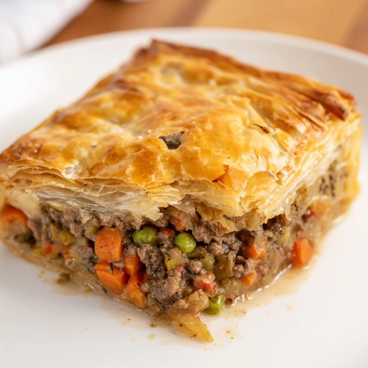 Freshly baked Savory Beef Meat Pies reveal a rich beef filling and tender vegetables inside.