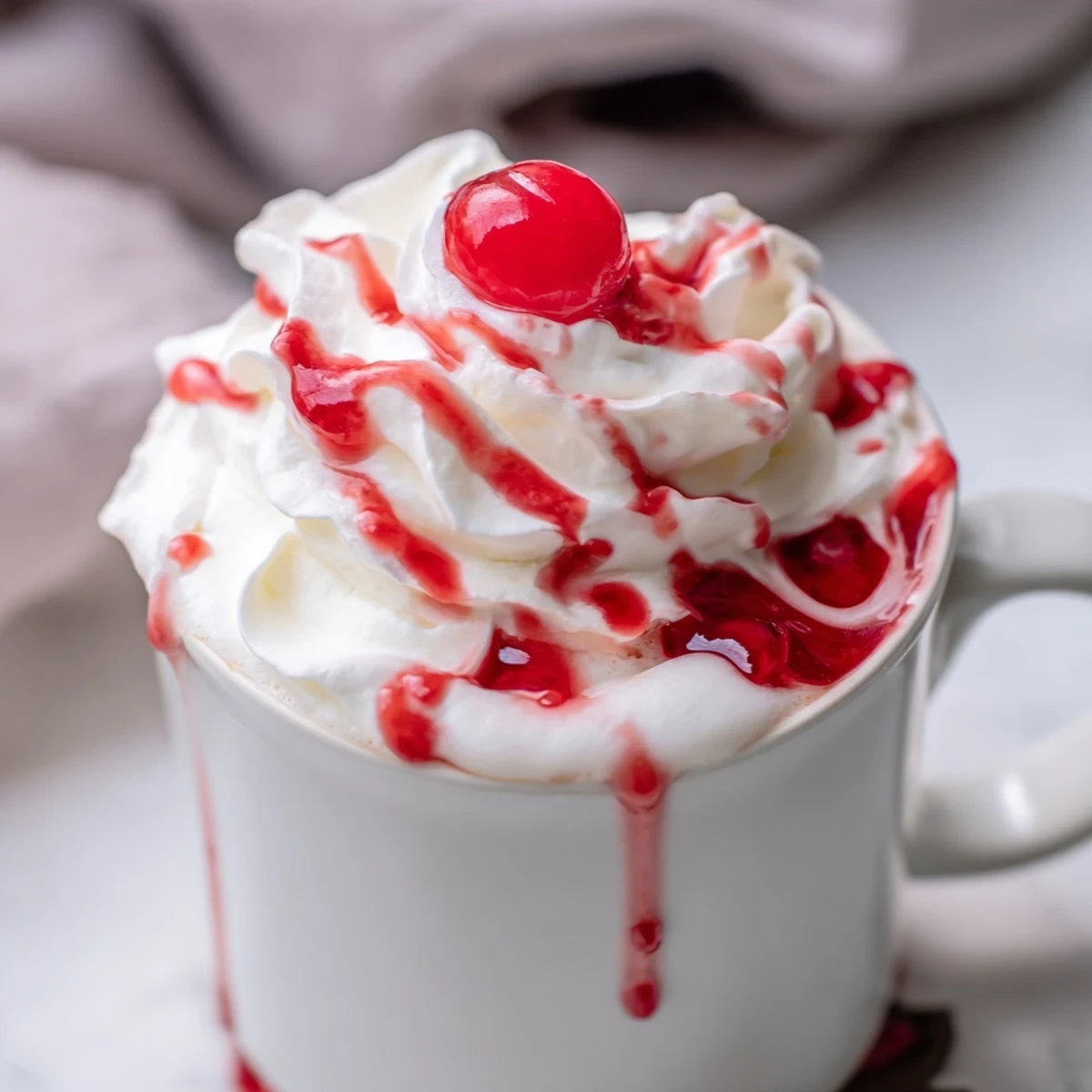 Steaming milk froths in a mug for the Viral Cherry Vanilla Latte with cherry syrup drizzle.