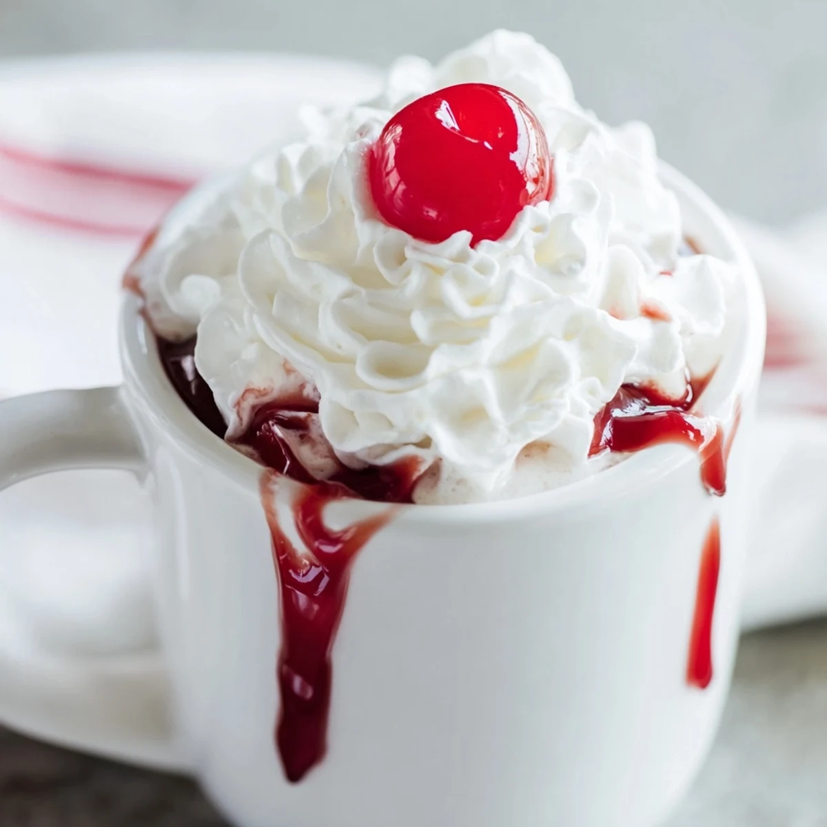 A close-up of the Viral Cherry Vanilla Latte topped with whipped cream and a fresh cherry.