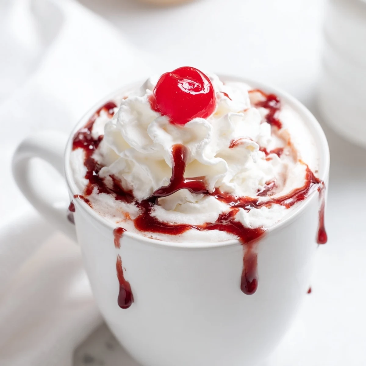 The Viral Cherry Vanilla Latte sits ready to sip beside scattered cherries on a wooden table.