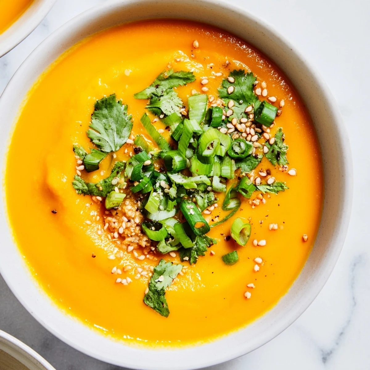 A bowl of Spicy Miso Carrot Soup shows a bright orange puree, topped with sesame seeds, cilantro, and sliced spring onions on a rustic wooden table.
