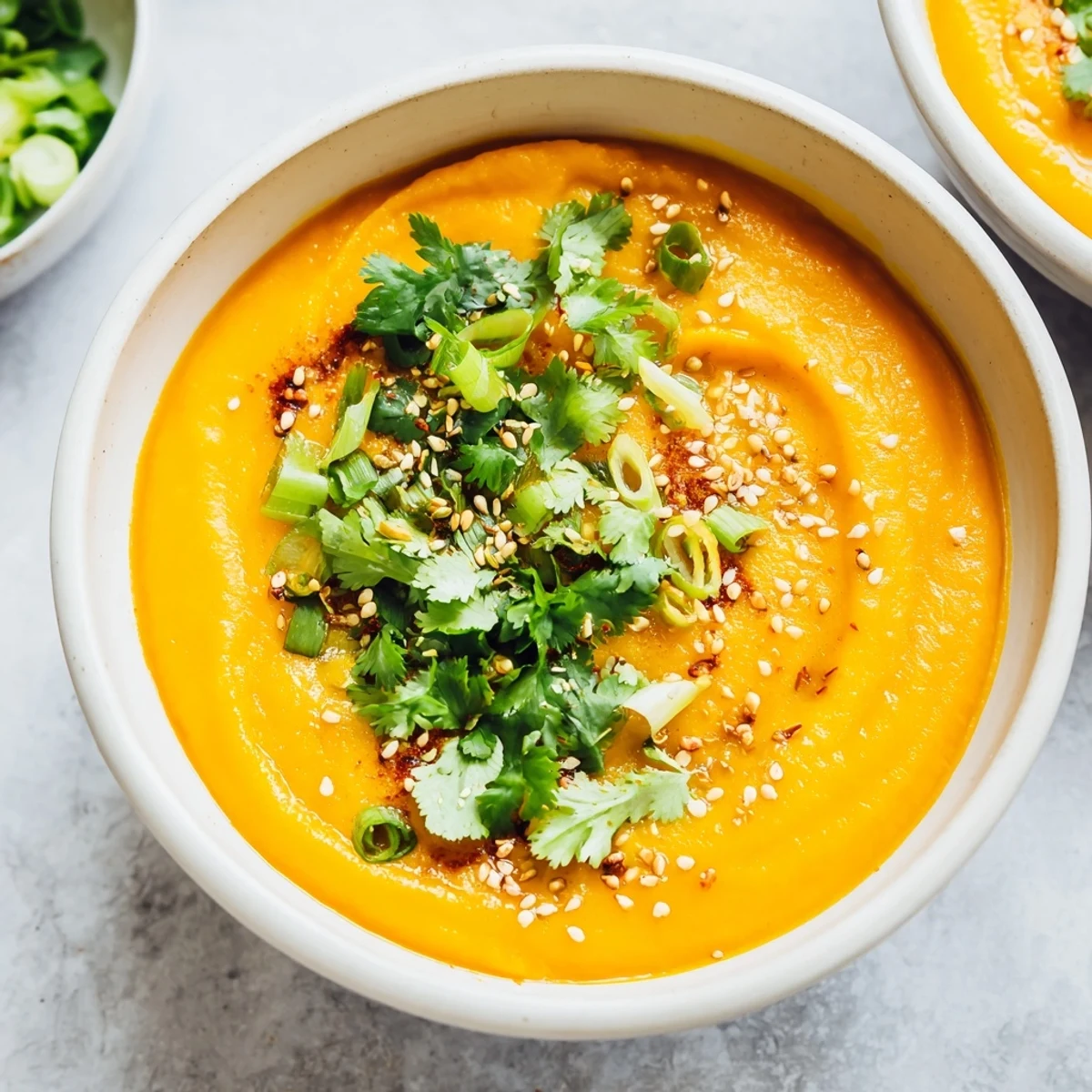 Steam rises from a cozy bowl of Spicy Miso Carrot Soup, garnished with fresh herbs and a lime wedge, served alongside crusty bread.
