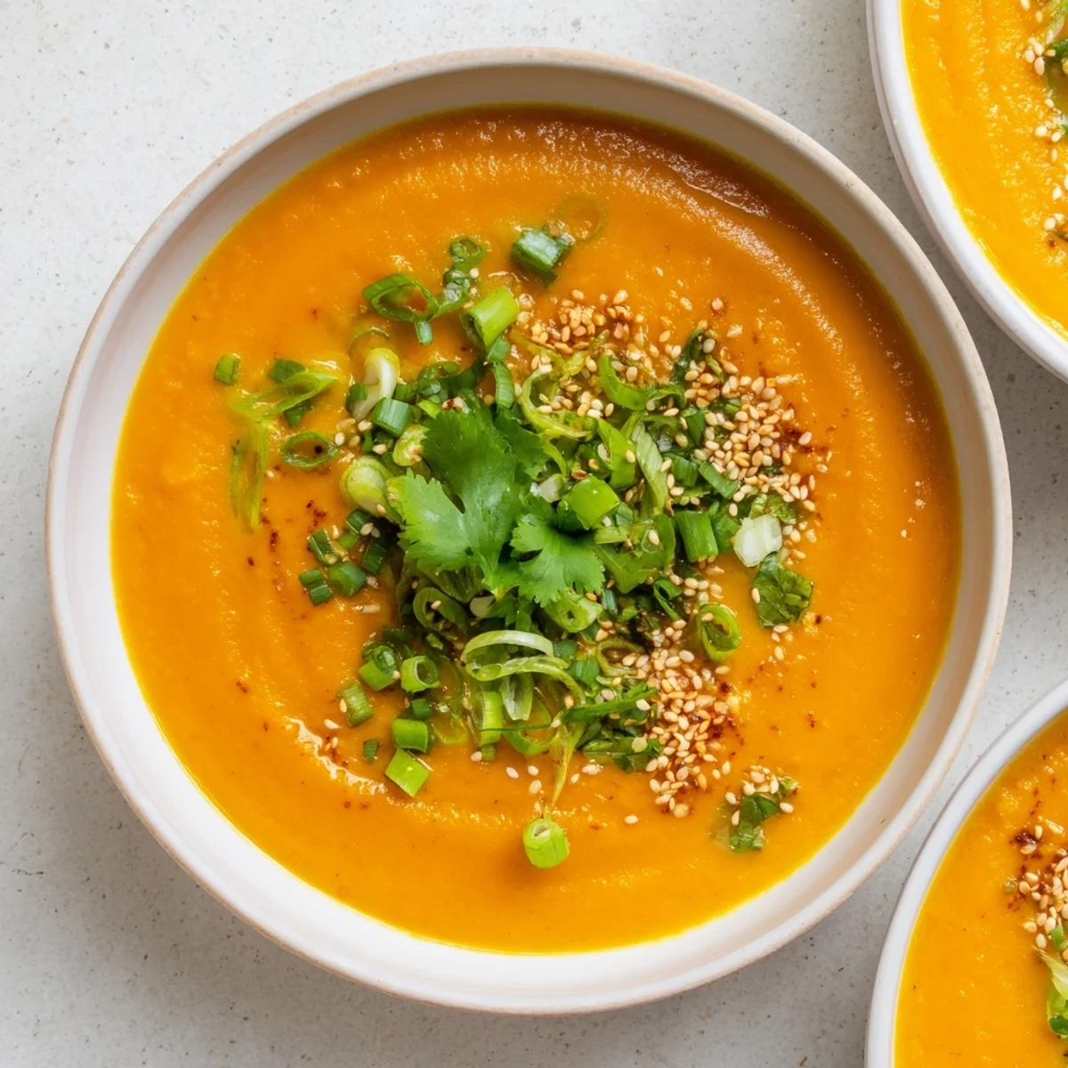 Close-up of a warm Spicy Miso Carrot Soup in a ceramic bowl, showcasing a smooth, creamy texture and vibrant orange color from the carrots.