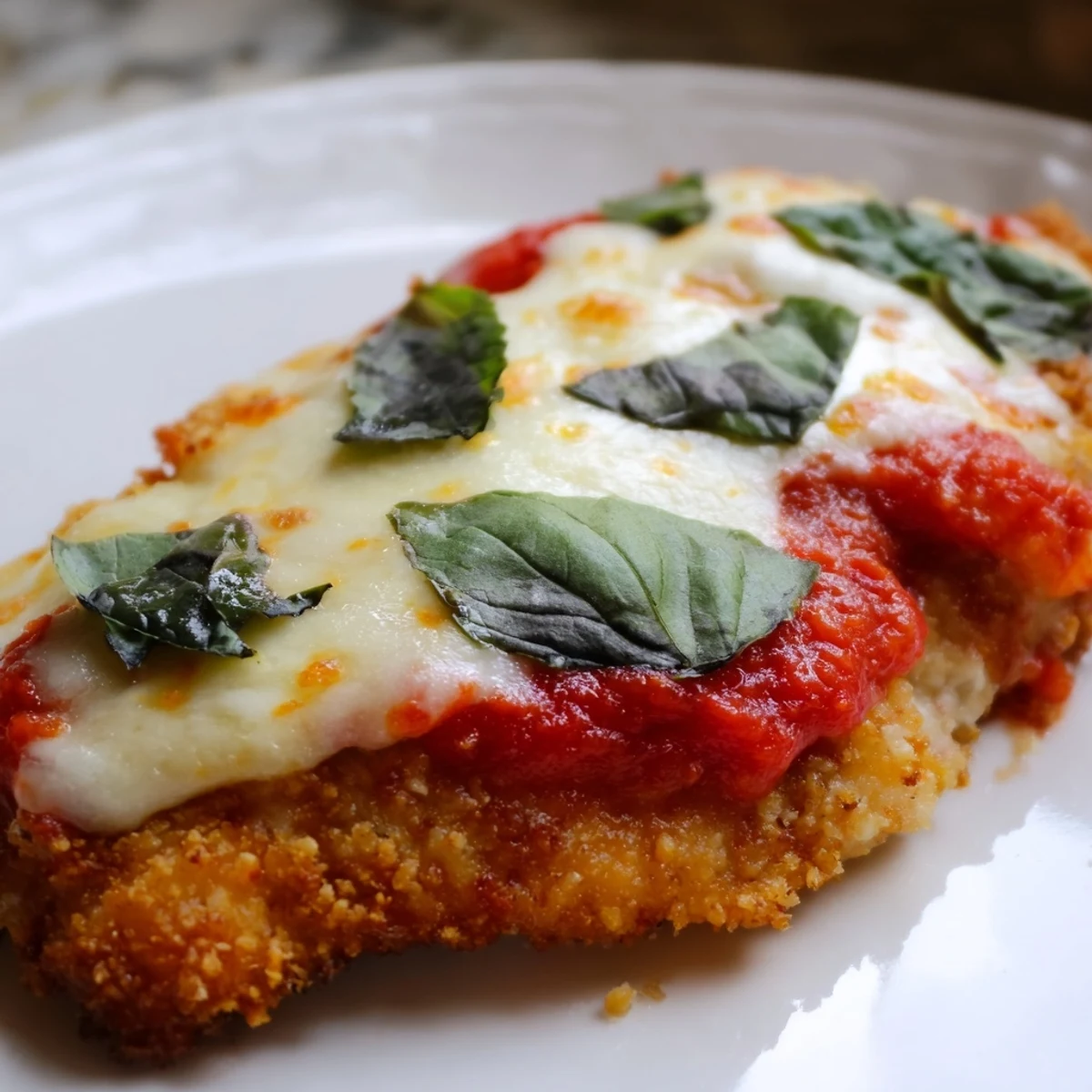 Crispy golden breaded chicken breast topped with melted mozzarella and fresh basil on a Chicken Parmesan Pizza.  