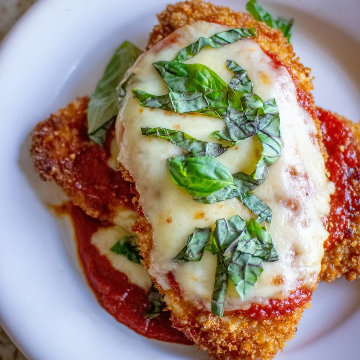 Sizzling Chicken Parmesan Pizza fresh from the oven with rich marinara sauce and melted cheese.  