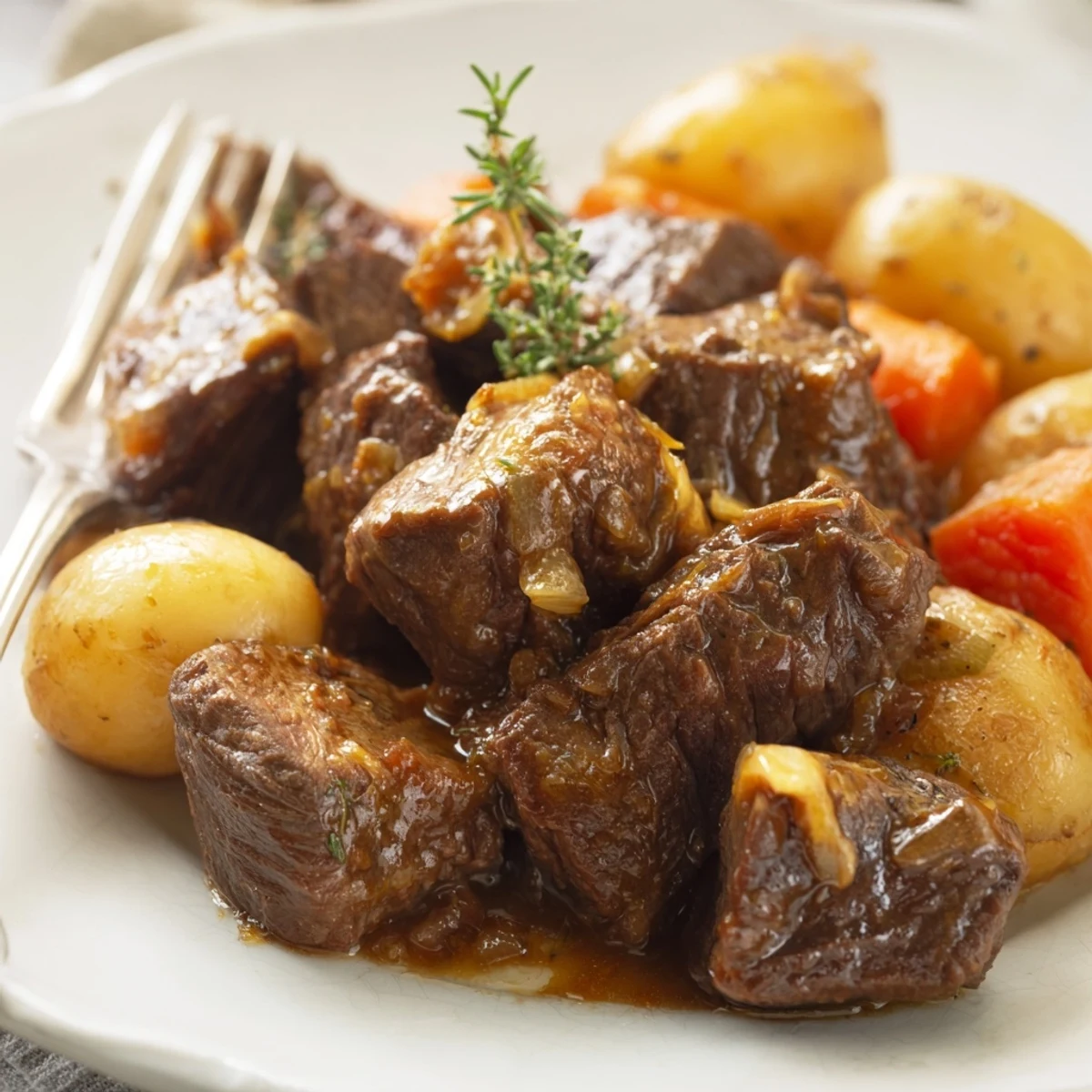 Slow Cooker Garlic Butter Beef with Potatoes features fork-tender beef, caramelized onions, and carrots in a savory herb-infused sauce on a rustic plate.