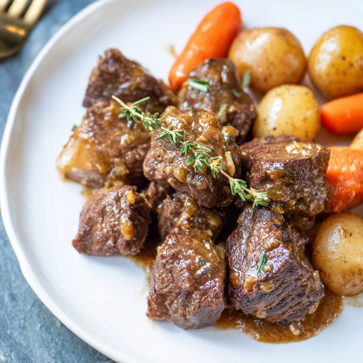 Steam rises from tender beef cubes and halved baby potatoes glistening in rich garlic butter sauce, served as Slow Cooker Garlic Butter Beef with Potatoes.