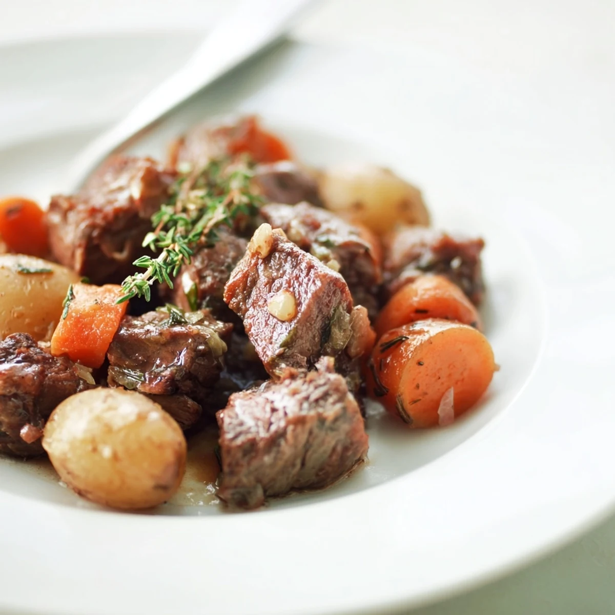 Hearty Slow Cooker Garlic Butter Beef with Potatoes garnished with fresh parsley, perfect for cozy family dinners alongside crusty bread for dipping.