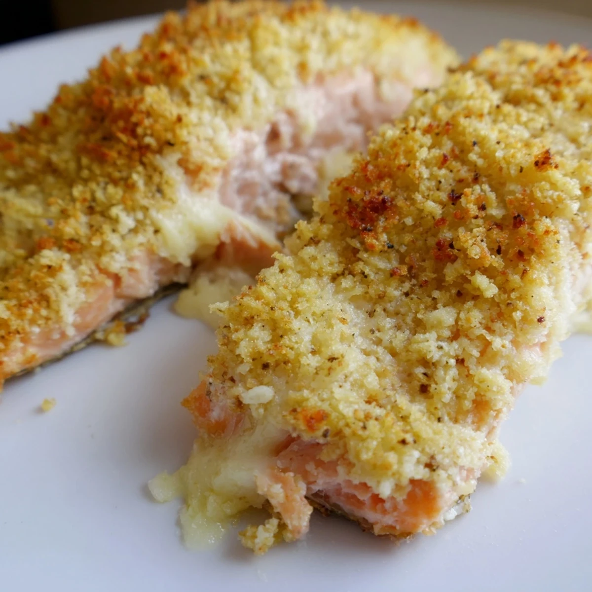 Crispy Parmesan Salmon Bake with a golden, cheesy crust, served with lemon wedges on a white plate.