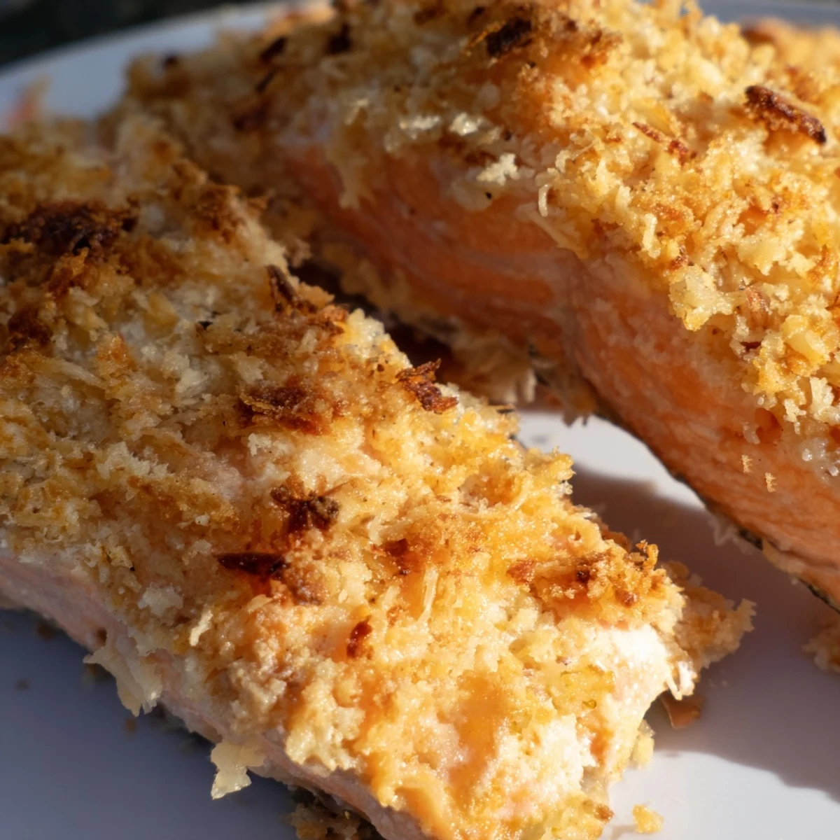 Golden Crispy Parmesan Salmon Bake fresh from the oven, topped with herbs and ready for dinner.