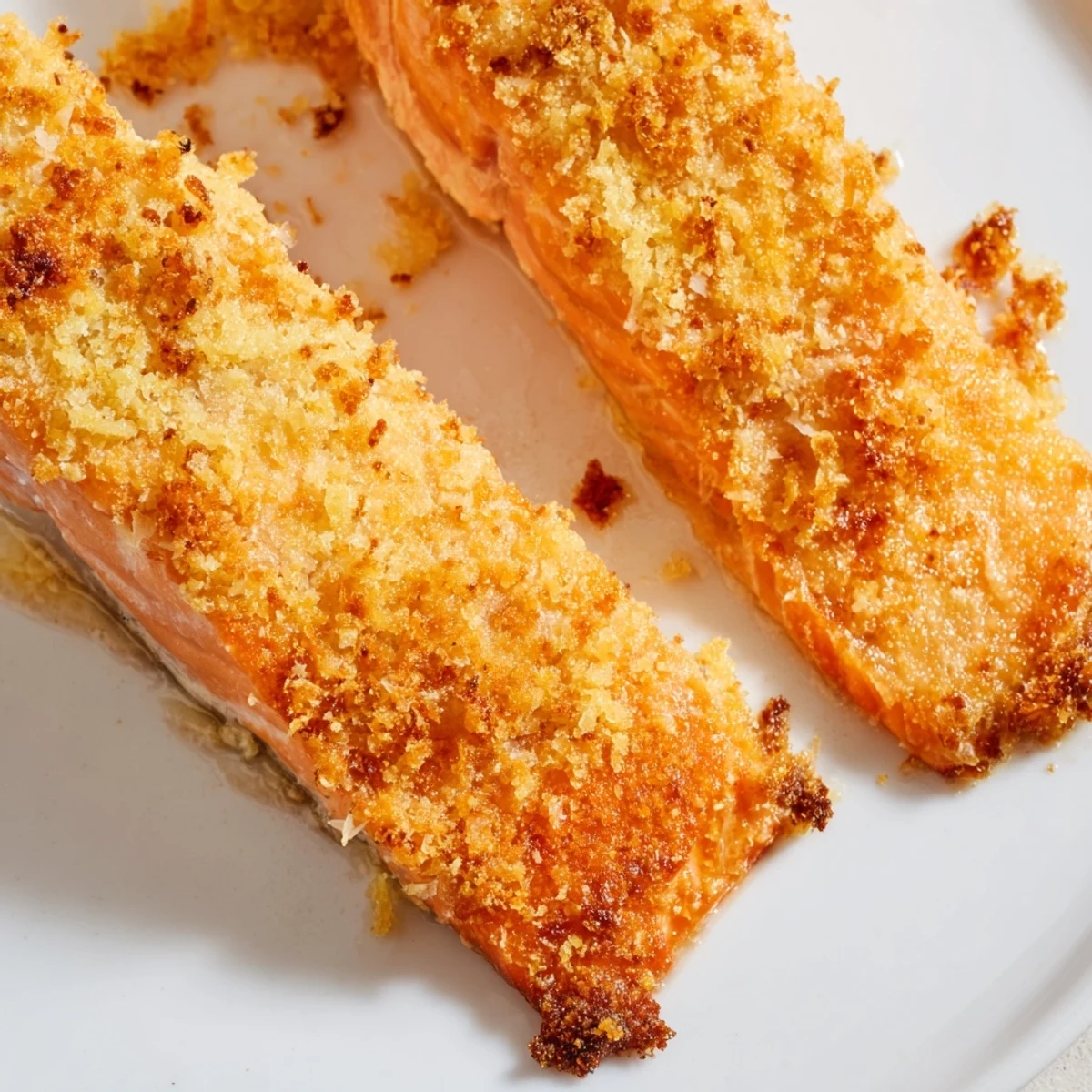 Tender Crispy Parmesan Salmon Bake fillet with a crunchy panko topping, paired with roasted asparagus spears.