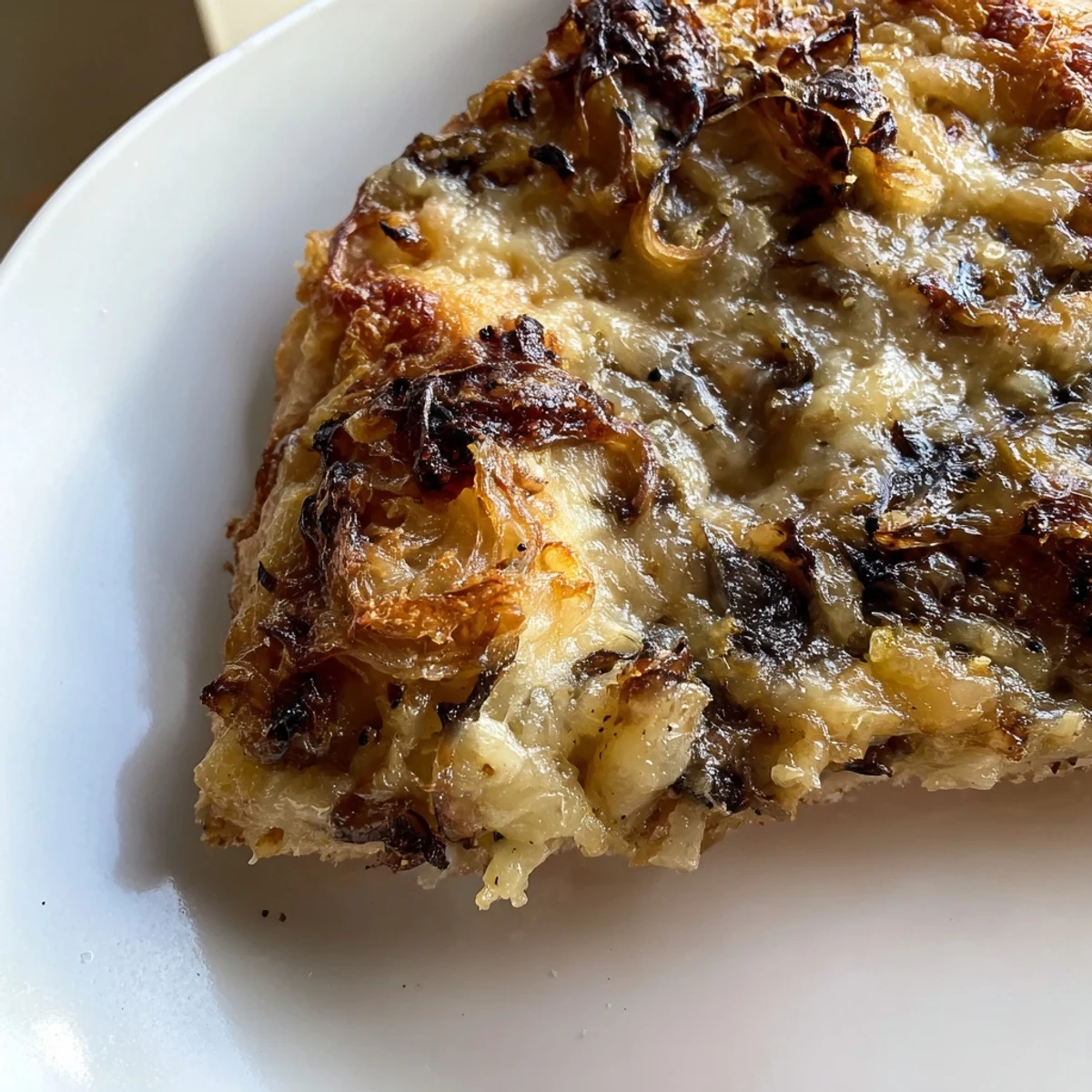 Close-up of a caramelized onion pizza with melty cheese, showcasing bubbling golden crust and sweet, deeply caramelized yellow onions.