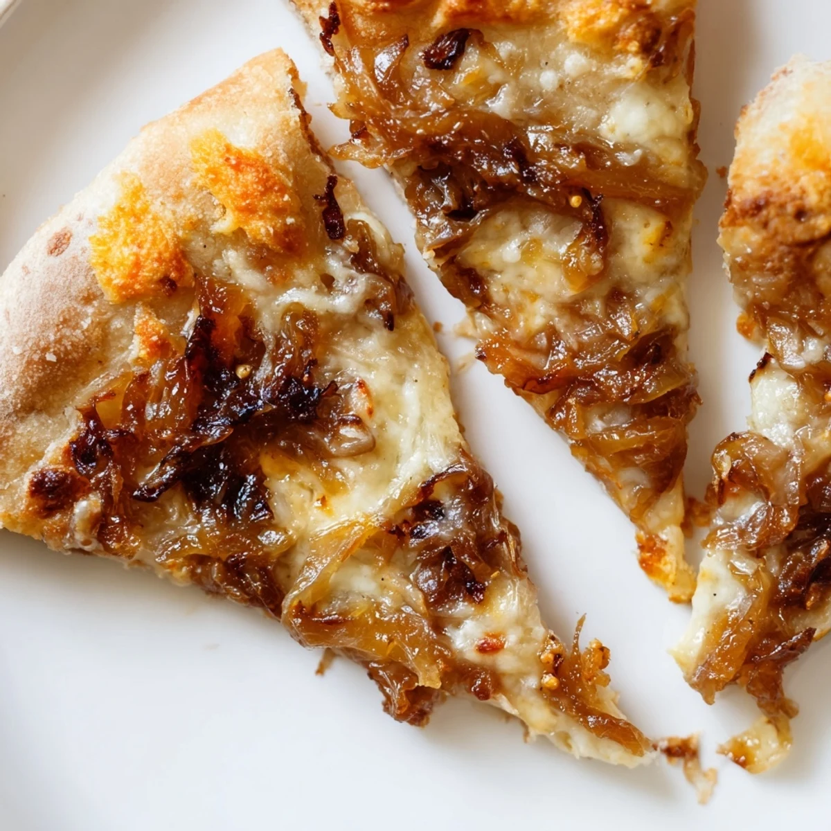 Sizzling caramelized onion pizza with melty cheese rests on a wooden board, topped with fresh arugula and thyme leaves.