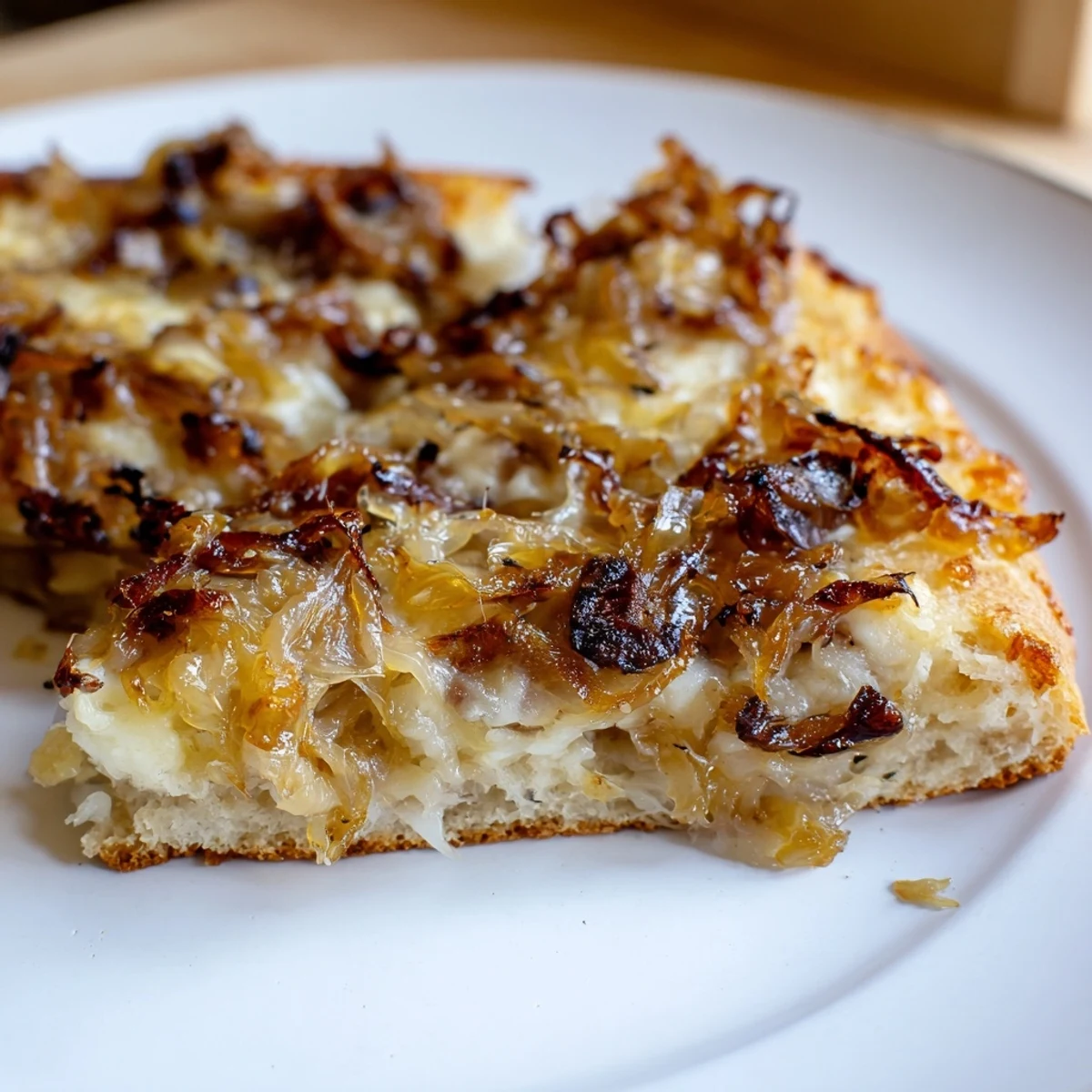A caramelized onion pizza with melty cheese is sliced, revealing gooey mozzarella and fontina layers on a crispy Italian-American crust.
