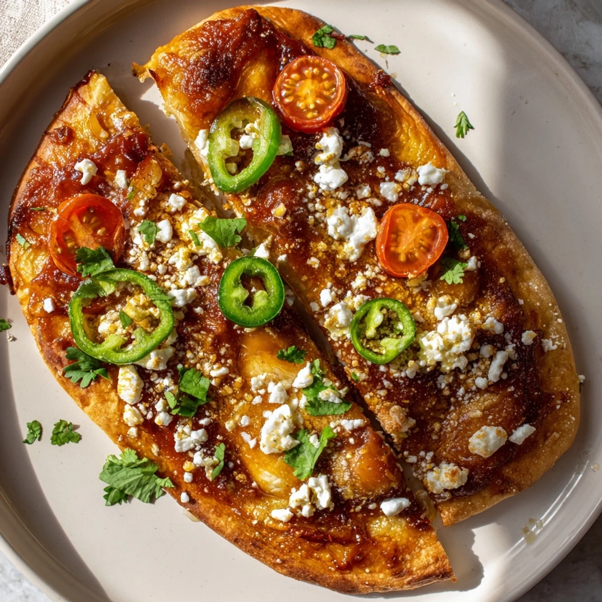 Freshly baked Sweet Heat Honey Garlic Flatbread Pizza with melted mozzarella and feta, topped with vibrant red onion and jalapeños.