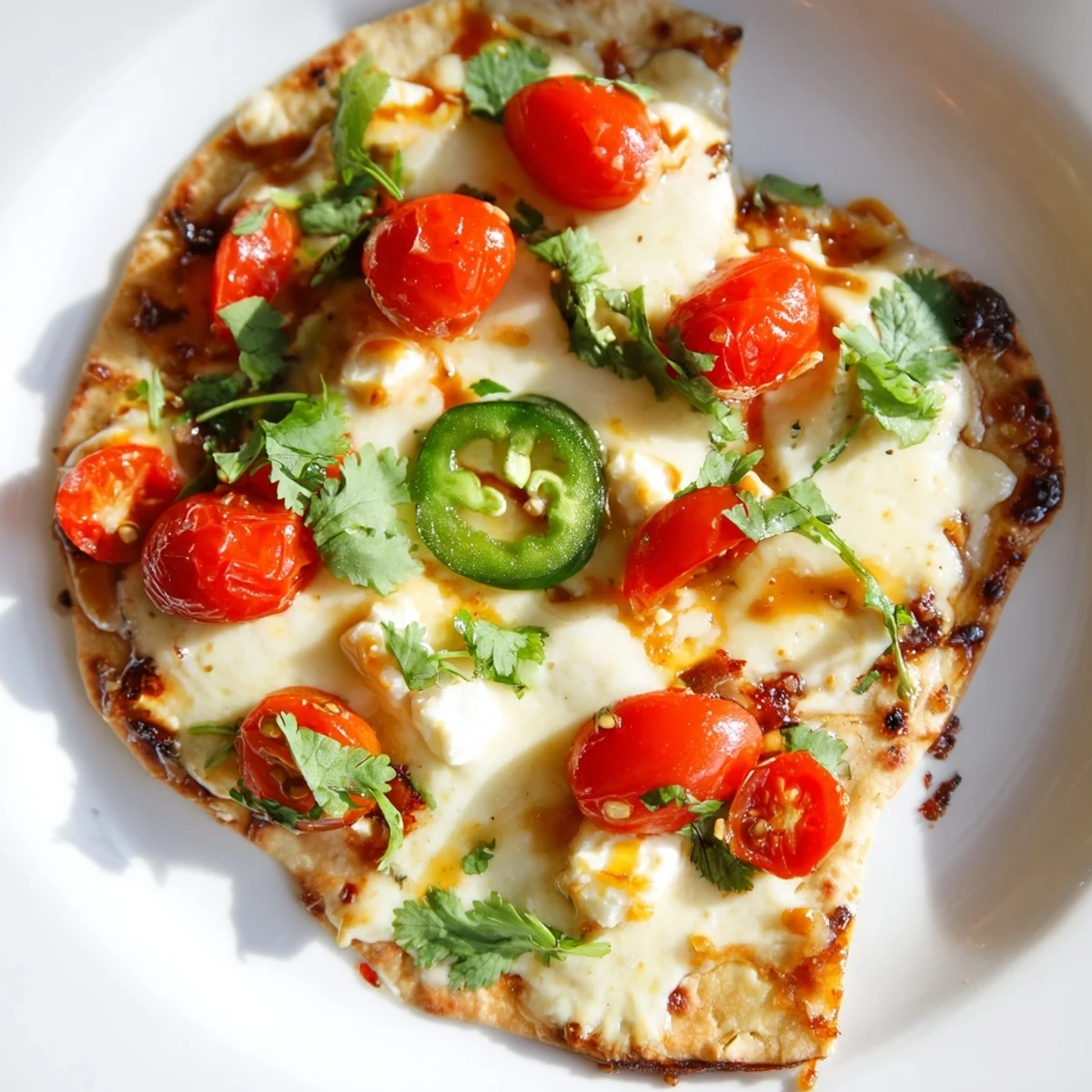 Golden flatbread pizza drizzled with sweet heat honey garlic sauce, garnished with fresh cilantro and cherry tomatoes on a rustic board.