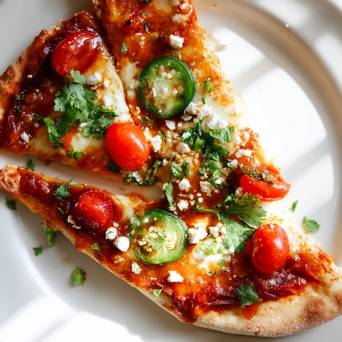 Slice of Sweet Heat Honey Garlic Flatbread Pizza showing bubbly cheese, sliced bell peppers, and a spicy-sweet glaze for dinner.