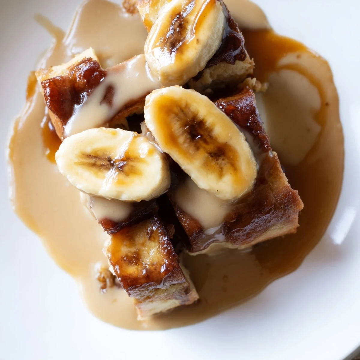 Creamy Bananas Foster Bread Pudding with caramelized bananas in a rich rum sauce, served warm in a baking dish.