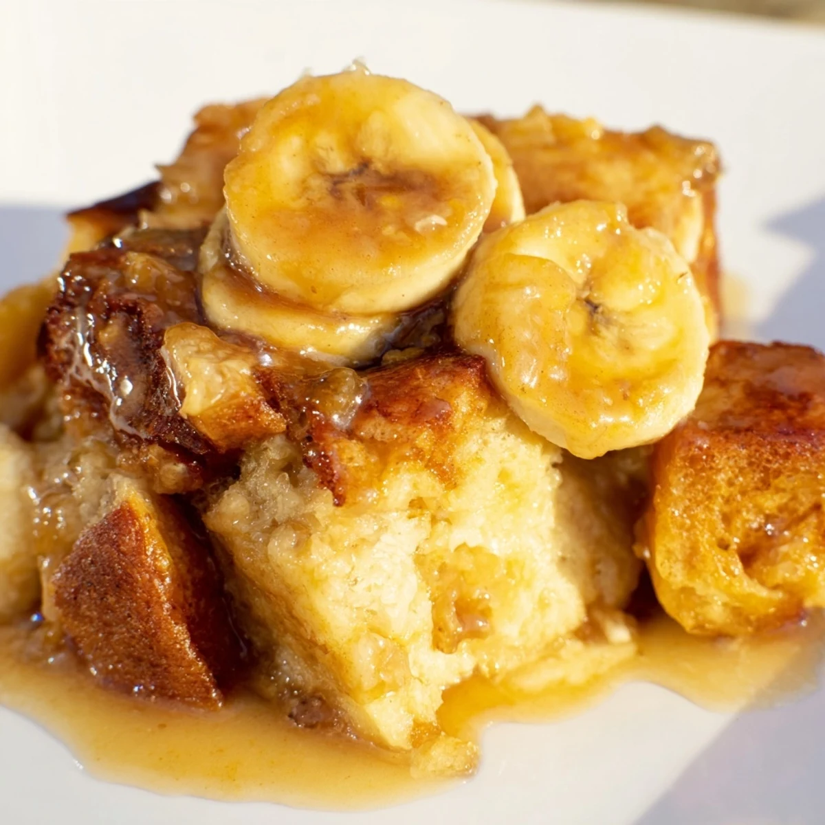 A golden baked Creamy Bananas Foster Bread Pudding topped with soft bananas and drizzled with buttery caramel sauce.