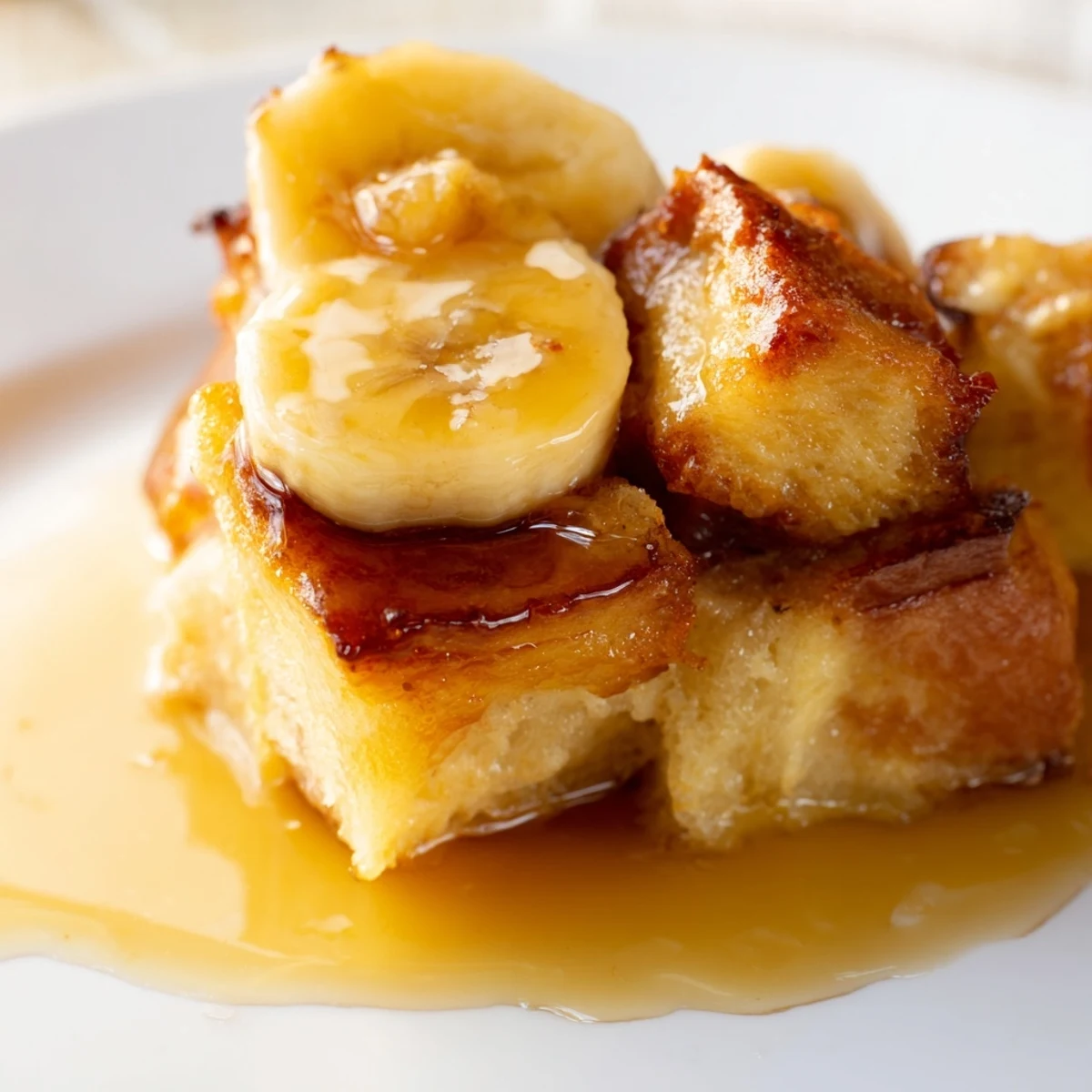 Close-up of Creamy Bananas Foster Bread Pudding showing custard-soaked bread and ripe bananas, ready to serve with vanilla ice cream.
