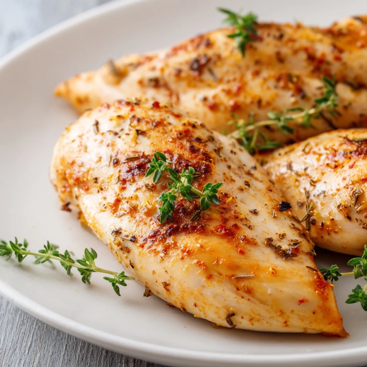 Golden-brown, seasoned Oven Baked Chicken Breasts rest on a baking sheet, garnished with fresh parsley.