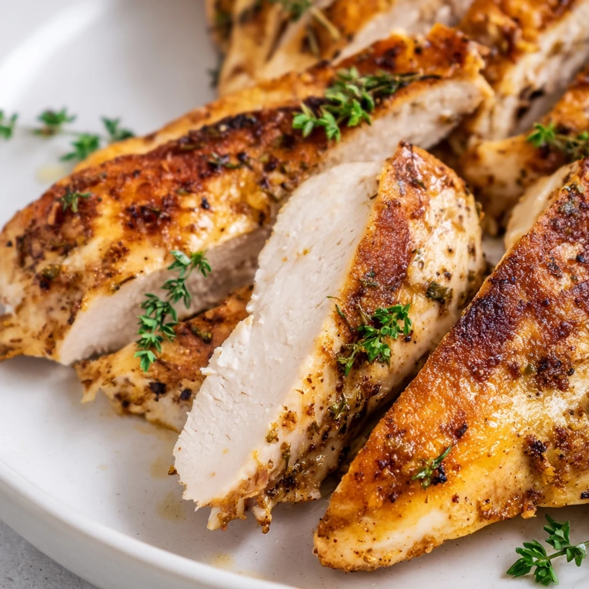 Sliced, tender Oven Baked Chicken Breasts plated with roasted vegetables and a sprinkle of fresh herbs.