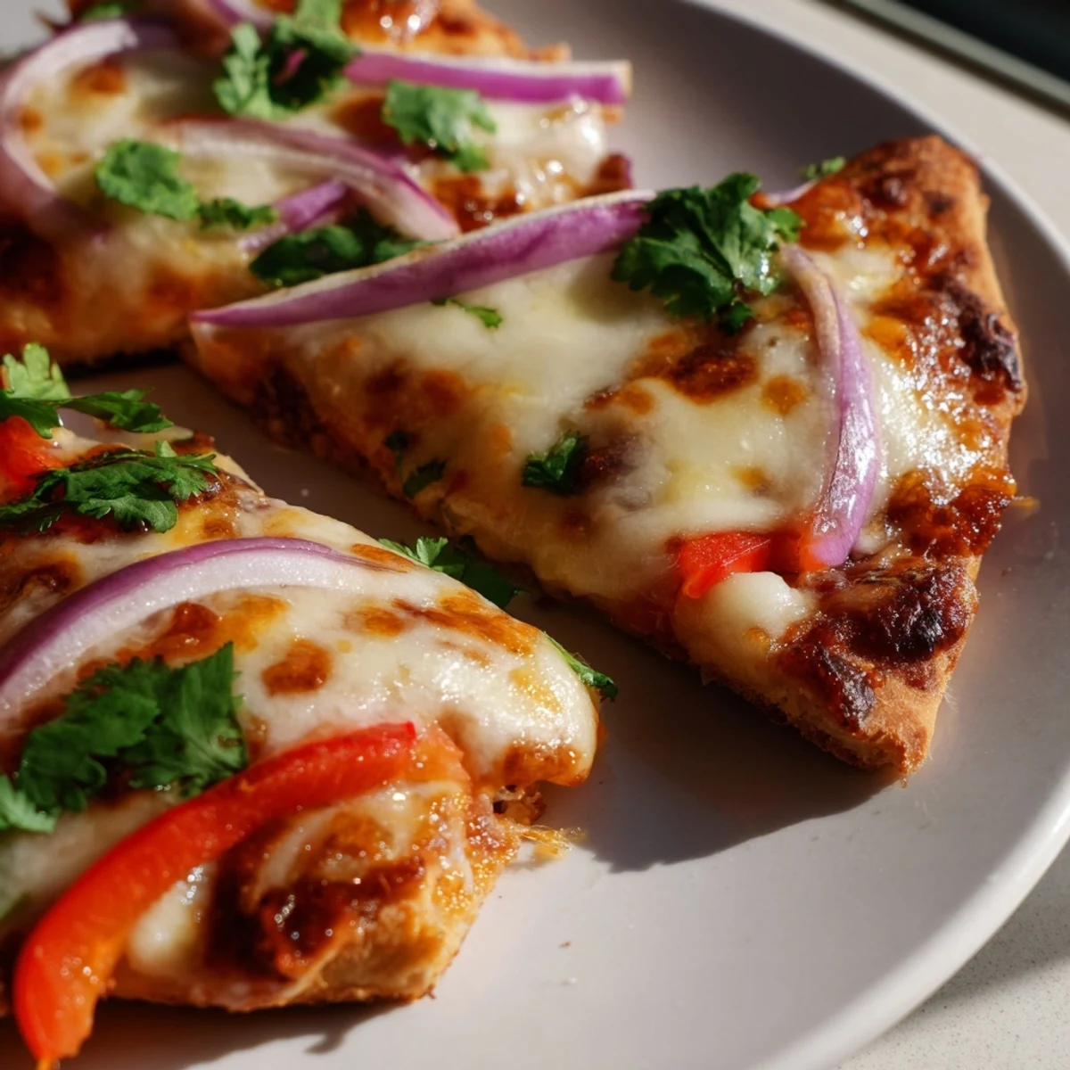Sweet Heat Honey Garlic Flatbread Pizza bubbling fresh from the oven, melty mozzarella, red peppers, and cilantro on a golden crust.