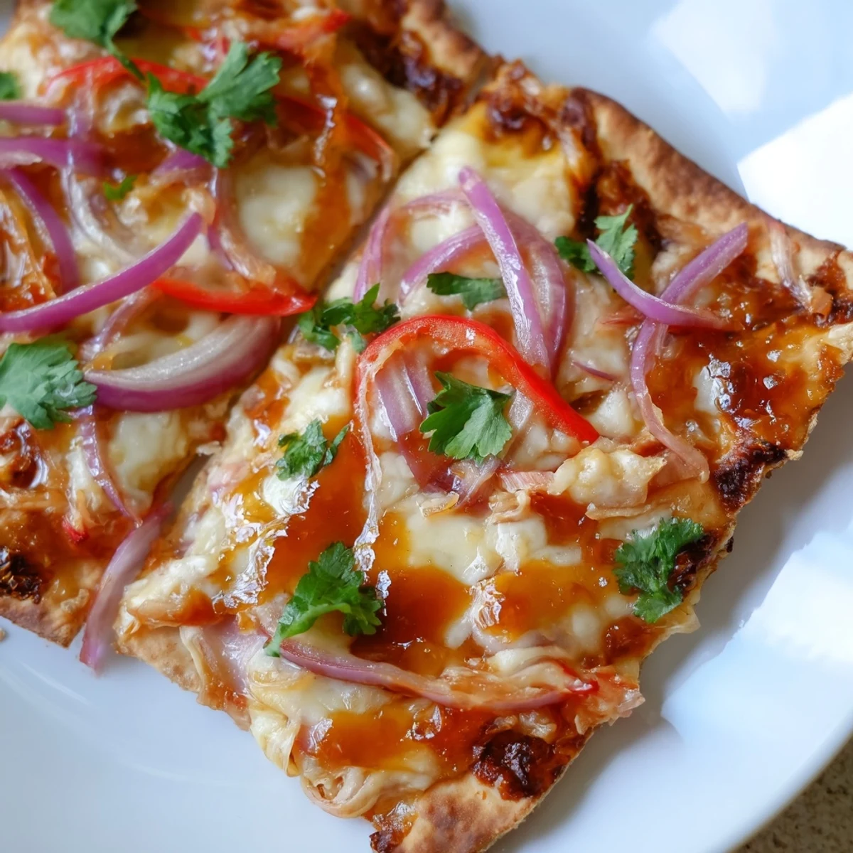 Slices of Sweet Heat Honey Garlic Flatbread Pizza on a rustic board, drizzled with honey, chili flakes, and extra garlic sauce.