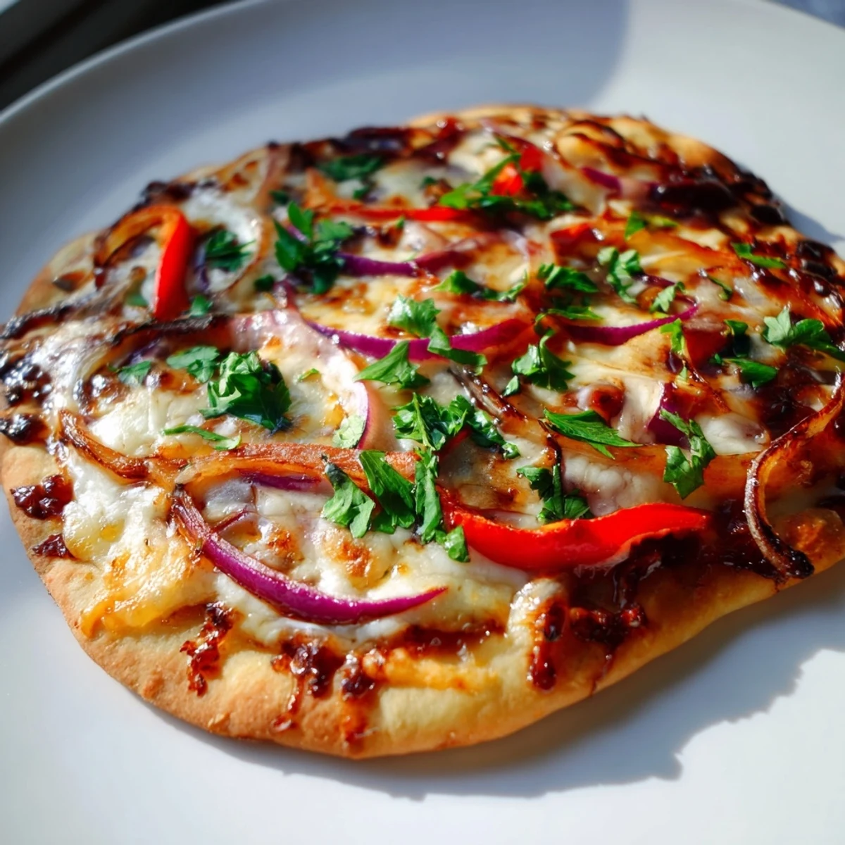 Sweet Heat Honey Garlic Flatbread Pizza served hot with red onion and jalapeños, a crispy, sweet-spicy weeknight dinner for four.