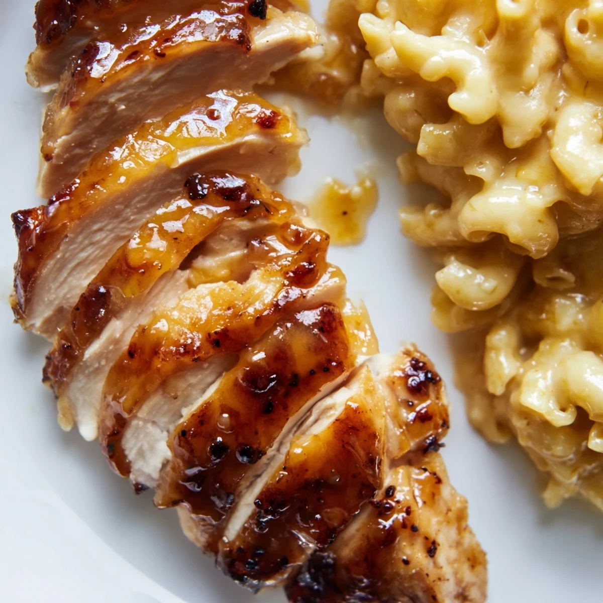 Golden glazed chicken drizzled with sweet and spicy honey pepper sauce, served over creamy mac and cheese for comfort.